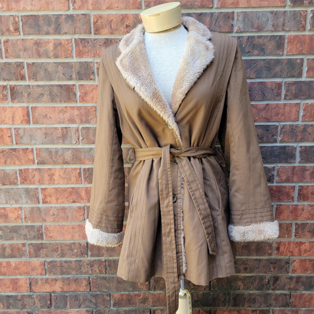Vtg Bonders Calender Cloth Brown Faux Fur Lined Belted Coat USA No Size,
